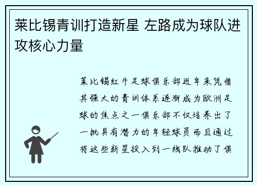 莱比锡青训打造新星 左路成为球队进攻核心力量