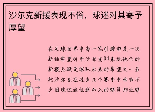 沙尔克新援表现不俗，球迷对其寄予厚望