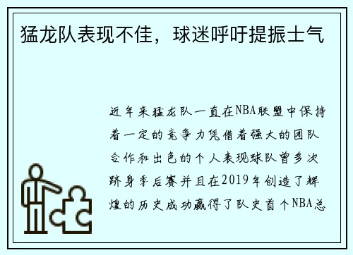 猛龙队表现不佳，球迷呼吁提振士气